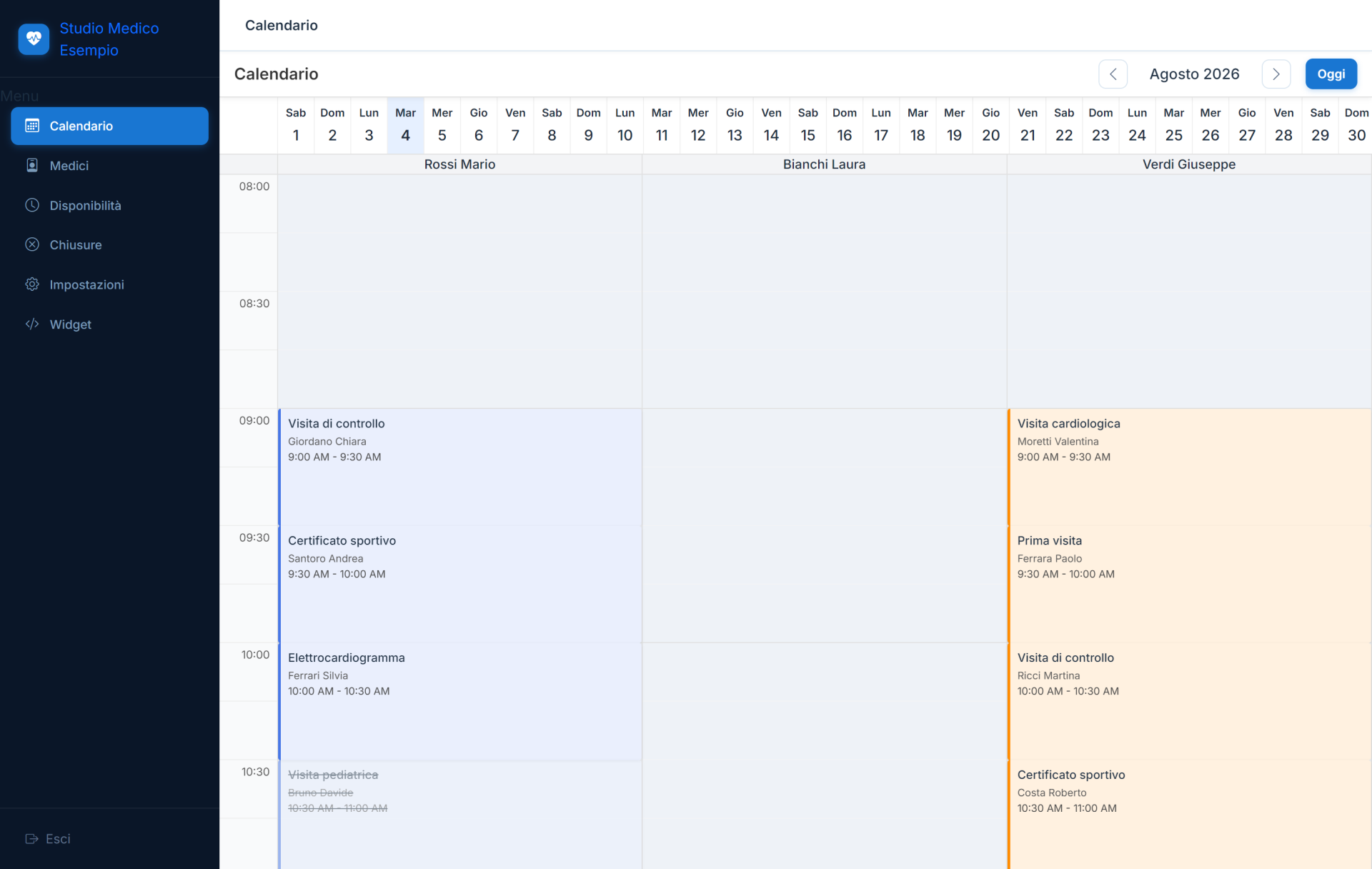 Agenda delle prenotazioni dello studio medico